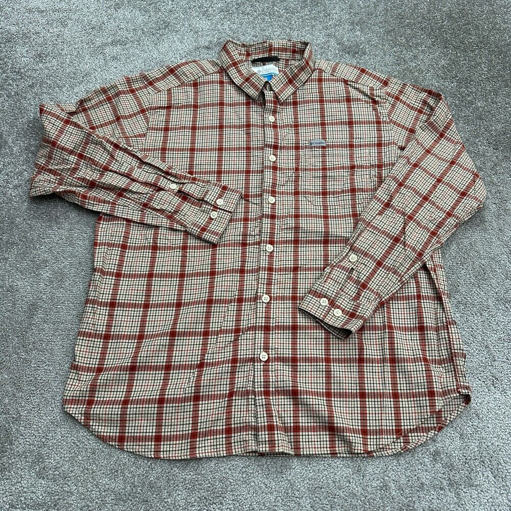 Columbia Flannel Shirt Mens XL Red Beige Plaid Long Sleeve Button Down Casual